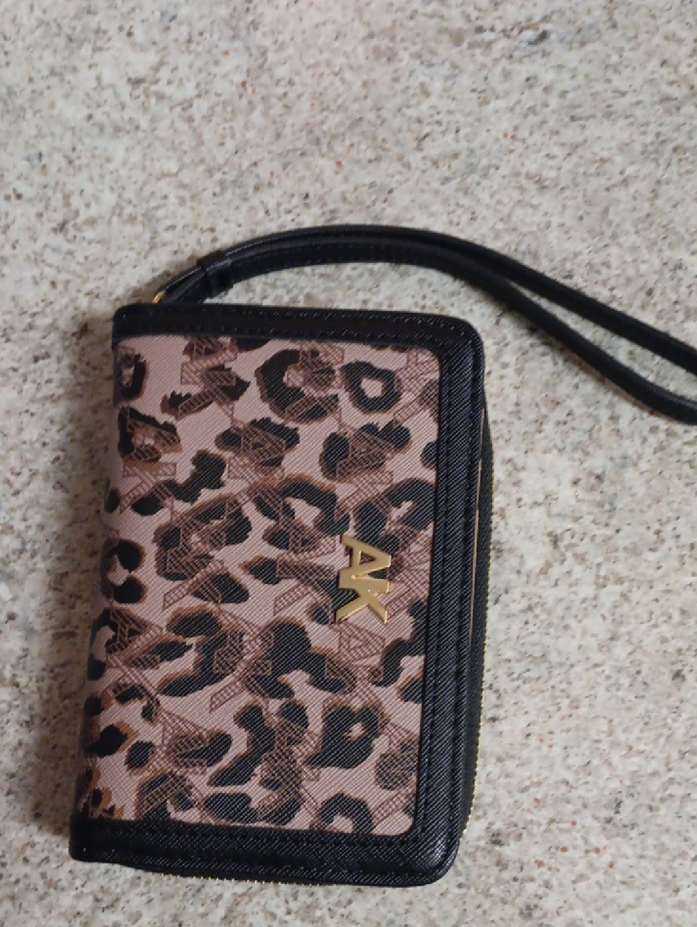 Anne Klein Leopard Print Wristlet Clutch in Brown and Black with Gold Logo